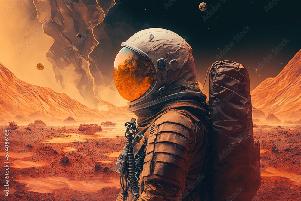 Wall mural an astronaut in a space suit is alone on the surface of a red planet, generative ai