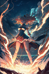 Superhero Anime Girl Character with Red Hair, Force of Nature, Powerful, Strong Girl Power, Fire and Ice, Storm, Dramatic, Cinematic