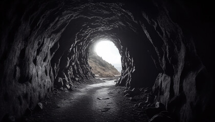 Inside the cave tunnel, light at the end, the cave walk exit - obrazy, fototapety, plakaty