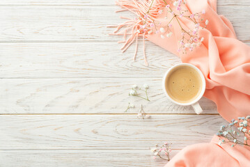 Obraz premium Hello spring concept. Top view photo of cup of cocoa gypsophila flowers and pink plaid on grey wooden desk background with copyspace