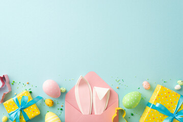 Easter concept. Top view photo of open pink envelope with bunny ears yellow present boxes with blue bows colorful easter eggs baking molds sprinkles on isolated pastel blue background with copyspace