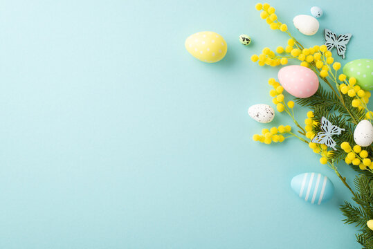 Easter concept. Top view photo of colorful easter eggs yellow mimosa flowers and butterflies on isolated pastel blue background with copyspace © ActionGP