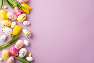 Naklejka na ściany i meble Easter decorations concept. Top view photo of colorful easter eggs spring flowers yellow and pink tulips on isolated pastel violet background with empty space