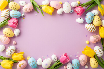 Fototapeta na wymiar Easter concept. Top view photo of blue yellow pink easter eggs yellow pink tulips and confetti on isolated lilac background with empty space in the middle