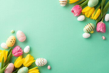 Easter celebration concept. Top view photo of colorful easter eggs and bunches of yellow and pink tulips on isolated teal background with copyspace