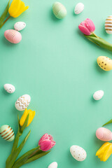Easter concept. Top view vertical photo of tulips and colorful easter eggs on isolated teal background with blank space in the middle