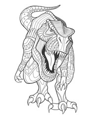 Fototapeta premium Tyrannosaur rex. Ancient reptile. Ornamental design. Page of coloring book. Vector illustration.