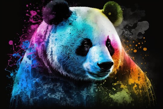 A neon-colored panda painted on an abstract background, Generative AI