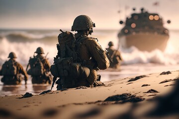 Normandy Beaches: Remembering the Sacrifice and Heroism of WW2 Soldiers - Ai generative - obrazy, fototapety, plakaty