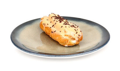 Plate with delicious eclair isolated on white background