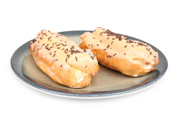 Plate with sweet eclairs isolated on white background