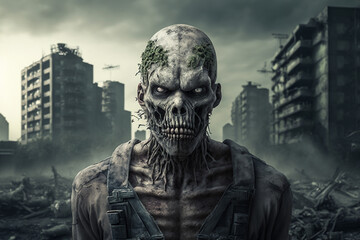 Apocalyptic view of zombie in destroyed, abandoned city, post apocalypse after outbreak. Digital art, generative AI.