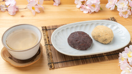 桜と和菓子のぼた餅(あんこときな粉)