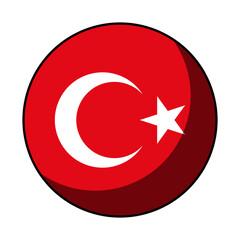 Turkey Flag Round Circle Badge Button or Sticker Icon with Contour Outline and 3D Shadow Effect. Vector Image.