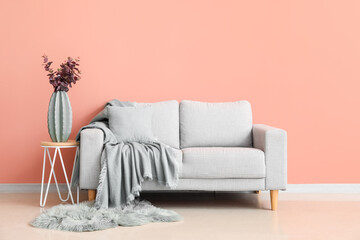 Vase with eucalyptus on table and grey sofa near pink wall