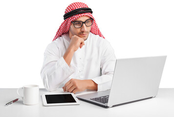 Handsome arab man working with laptop isolated on white
