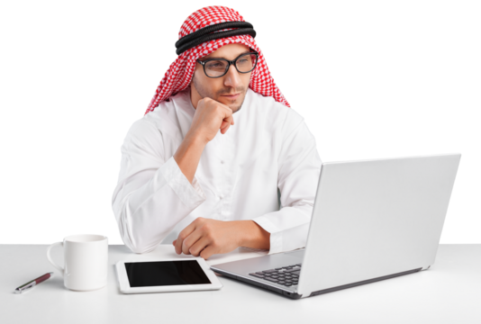 Handsome arab man working with laptop isolated on white - Powered by Adobe