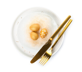 Stylish table setting with Easter eggs and golden cutlery on white background
