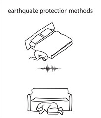 Editable stroke set of earthquake. Natural disaster, destruction, earthquake safety and emergency methods. 