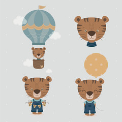 Set of cute animals. Baby tiger. Printing for invitations, greeting cards, posters