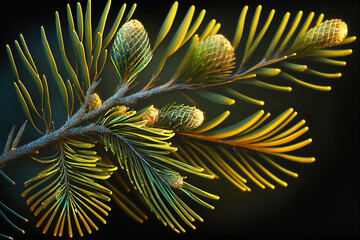 Golden Gold Lighting Lit Pine Needles, Green Pine Branch, Black Background