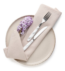 Table setting with cutlery and hyacinth flowers isolated on white background