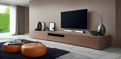 modern living room with a big flat tv,Generative IA