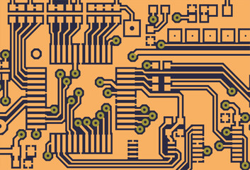 Tracing the conductors of a multilayer 
printed circuit board. Vector drawing of 
printed tracks, transition holes, contact 
pads and metallization areas. 
Electronic circuit board with components