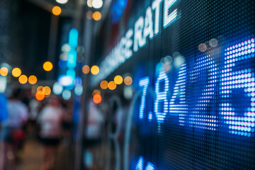Financial stock exchange market display screen board on the street with and city light reflections, selective focus