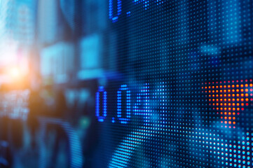 Financial stock exchange market display screen board on the street with and city light reflections, selective focus