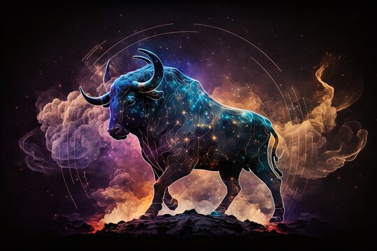 A Taurus astrological symbol against a space nebula backdrop, Generative AI