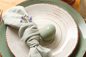 Plate with painted egg, napkin and gypsophila flowers for Easter celebration, closeup