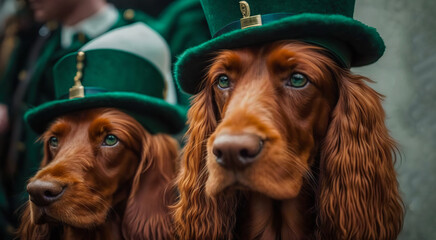 Couple of fun pretty Irish setters close-up in leprechaun hats, St. Patrick holiday party. digital art