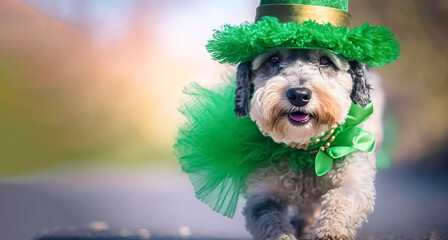 Fototapeta Cute dog in leprechaun hat, St. Patrick's holiday party. 
digital art obraz