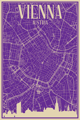 Purple hand-drawn framed poster of the downtown VIENNA, AUSTRIA with highlighted vintage city skyline and lettering