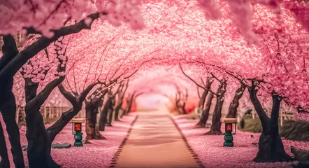 Keuken foto achterwand Sakura Cherry blossoming alley. Wonderful scenic park with rows of blooming cherry sakura trees in spring. Pink flowers of cherry tree. digital ai art © Viks_jin