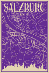 Purple hand-drawn framed poster of the downtown SALZBURG, AUSTRIA with highlighted vintage city skyline and lettering