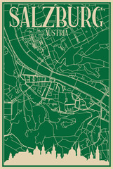 Green hand-drawn framed poster of the downtown SALZBURG, AUSTRIA with highlighted vintage city skyline and lettering