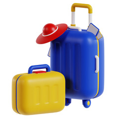 Travel luggage with beach hat 3d travel and holiday illustration