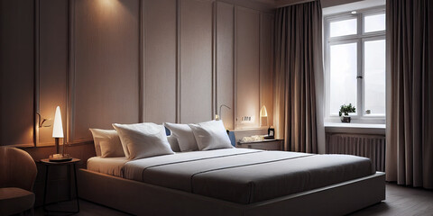 Obraz premium Luxury modern style bedroom, Interior of a hotel bedroom. Generative AI illustration