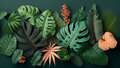 Variety of tropical plants, 3D rendered, Generative AI
