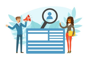 Business Man and Woman Character Working Searching Candidate for Vacant Position with Megaphone Vector Illustration