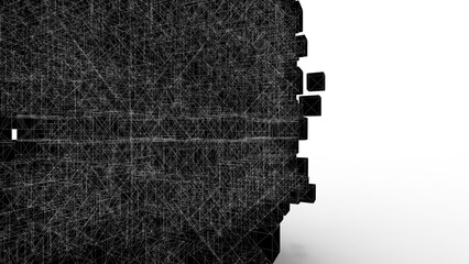 A set of many X-ray cubes that are collapsing under white lighting background. Conceptual 3D CG of blockchain, financial system and personal data analysis. PNG file format.