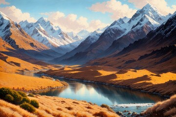 Beautiful landscape painting with snow capped mountains and a lake, inspired by New Zealand, Generative AI