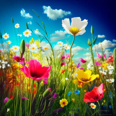 Fototapeta na wymiar Spring Field Red Flower: A beautiful set of spring flowers is a sight that can lift the spirits and fill the heart with joy. 