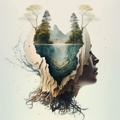 relaxing mind abstract double exposure, calm green nature earth with human head, generative ai, tree roots - obrazy, fototapety, plakaty