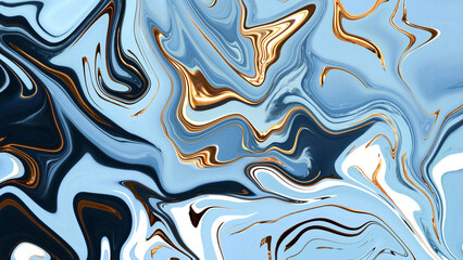 Fototapeta premium Liquid background in blue, cyan, gold colors. Abstract divorces. Acrylic paint streaks. liquid ink.