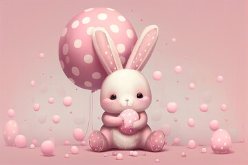 Cute pink Easter bunny holding an easter egg, a pink polka dot balloon,  generative AI