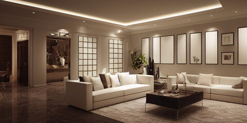 Fototapeta premium Large luxury modern elegant interiors Living room mockup. Modern style of furniture decoration. Generative AI illustration.