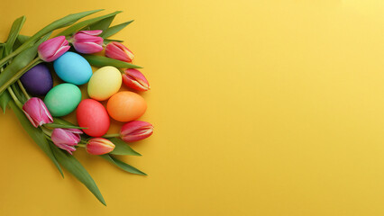 Fototapeta na wymiar Fresh colorful tulip flowers and easter eggs on yellow background. Top view with copy space. Happy easter greeting card
